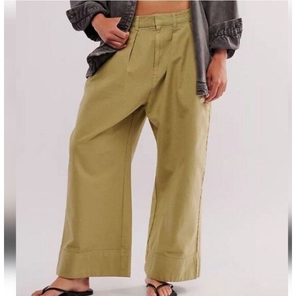 Free People Sweet Talk Cotton Wide Leg Chino Pants In Dried Aloe NWOT $128 Sz 27 - Picture 9 of 14